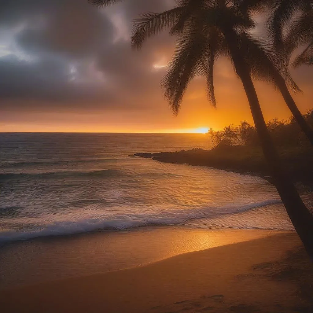 Sunset over the beach in Oahu