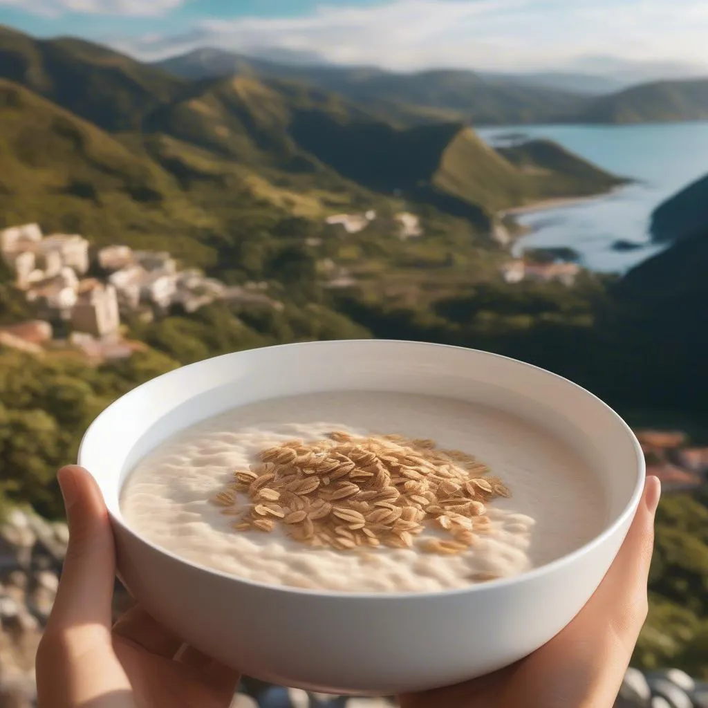 A person enjoying a bowl of oat porridge while overlooking a beautiful landscape