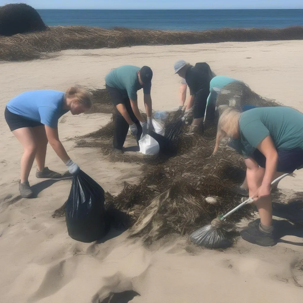 Group of people cleaning beach