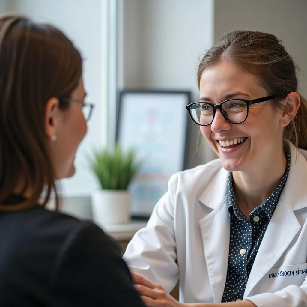 Ocularist consulting with a patient about a prosthetic eye