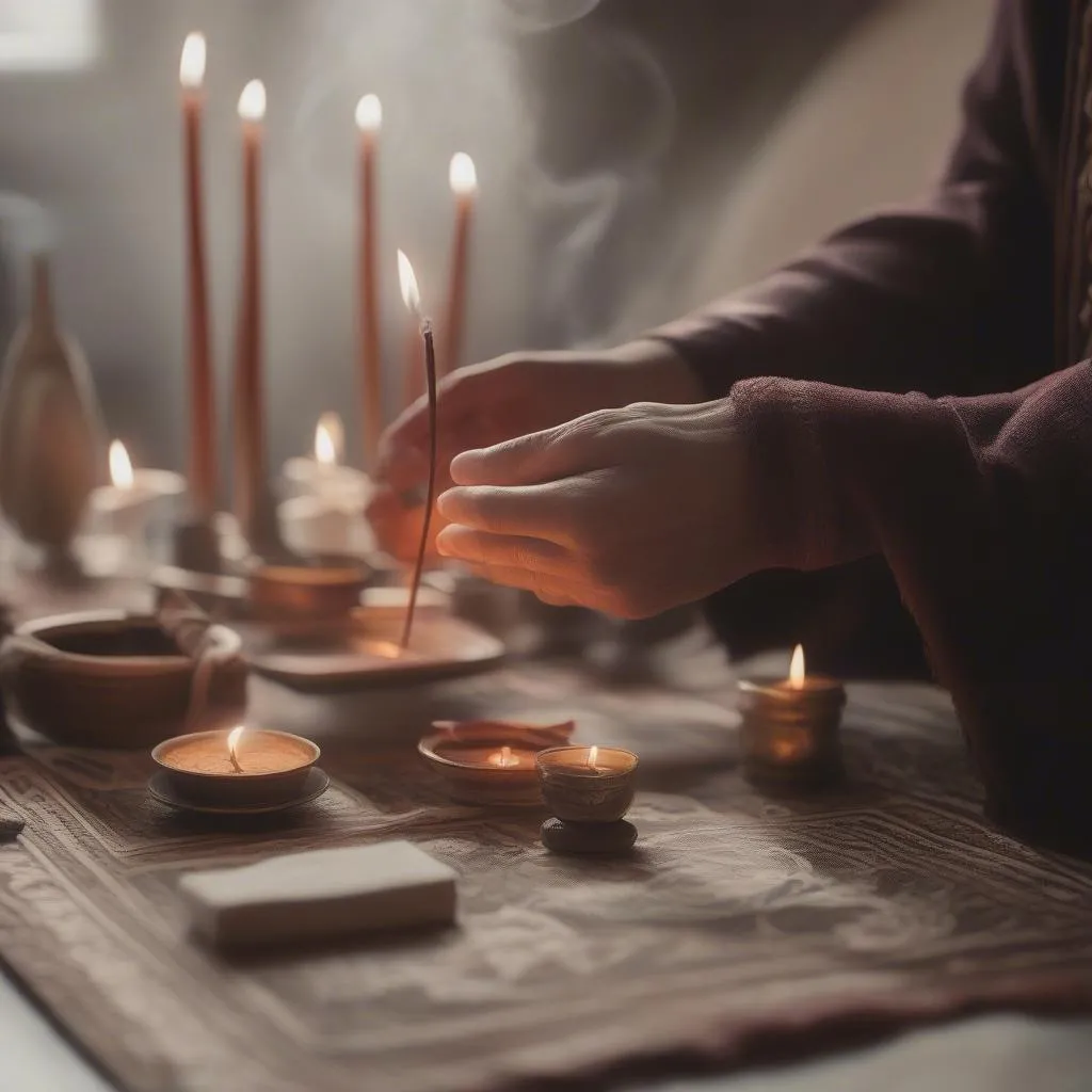 A person respectfully lighting incense sticks at a home ancestor altar