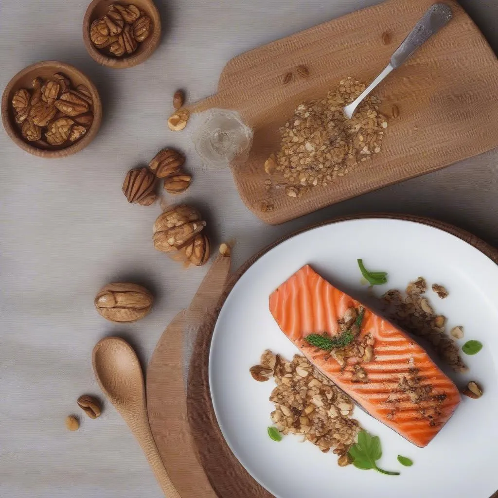 A plate of salmon with walnuts and flaxseeds