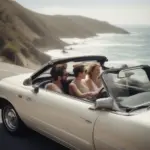 Couple driving a convertible along a scenic coastal road