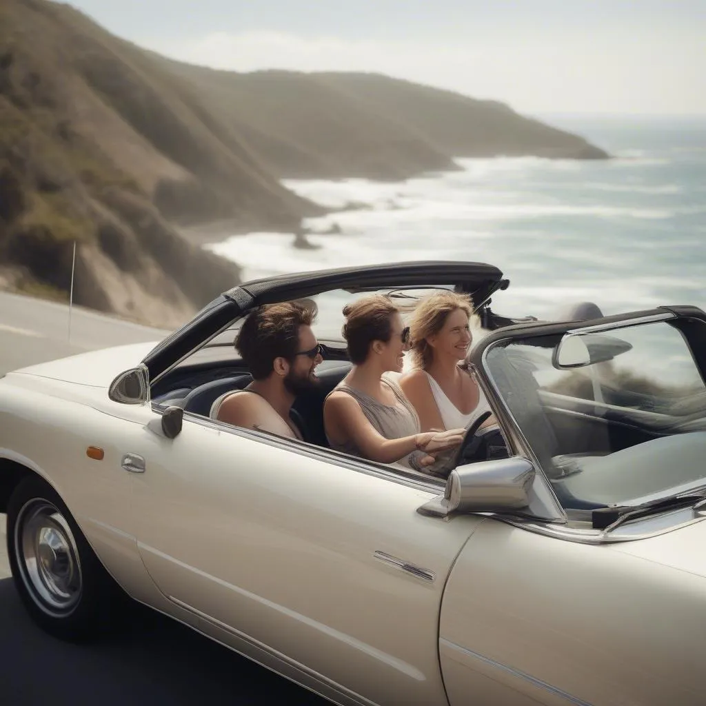 Couple driving a convertible along a scenic coastal road