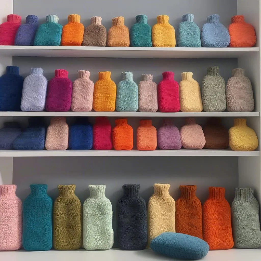 Colorful hot water bottles with knitted covers displayed on a digital marketplace