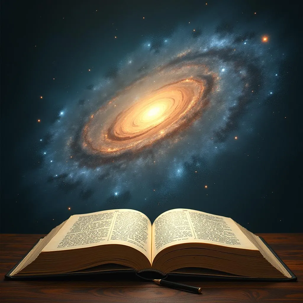 Open book with a galaxy backdrop