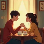 Couple holding hands and talking openly in a Hanoi cafe