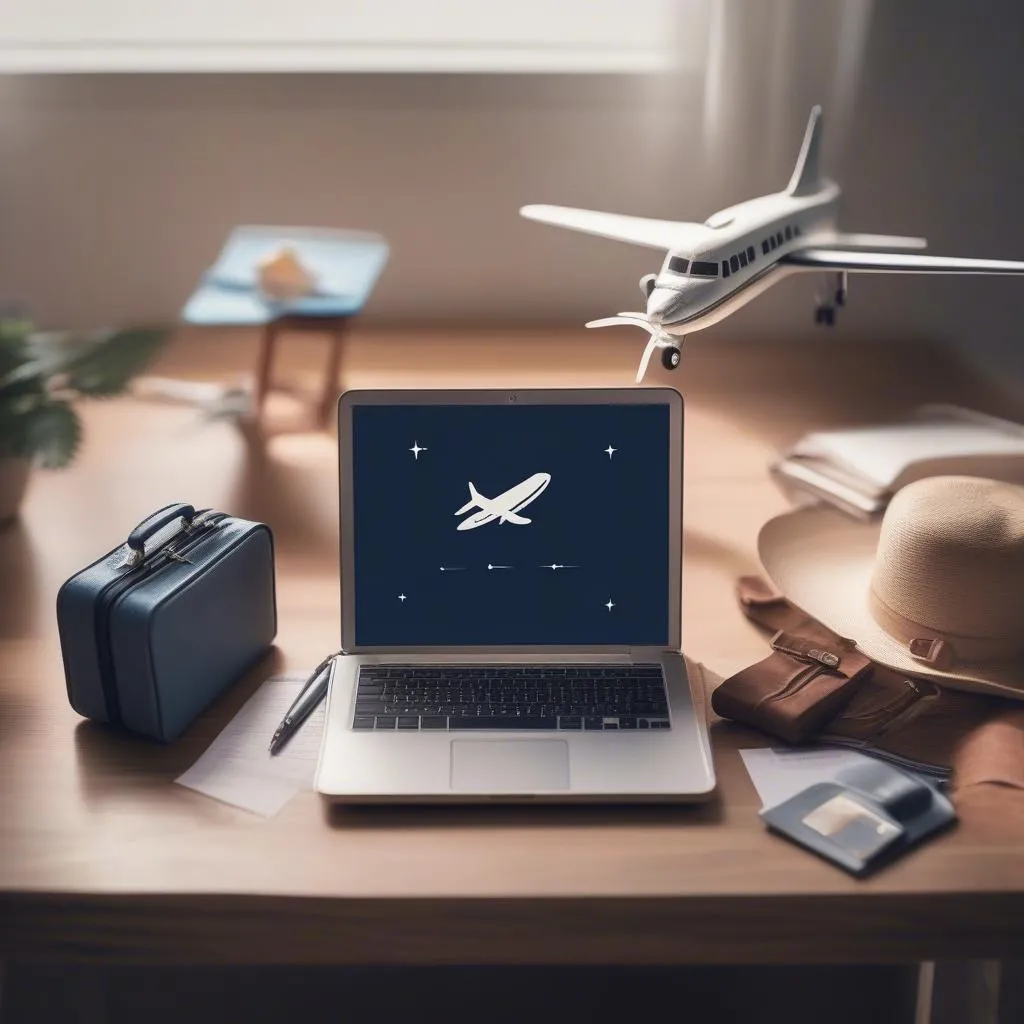 Open laptop on desk with plane and luggage