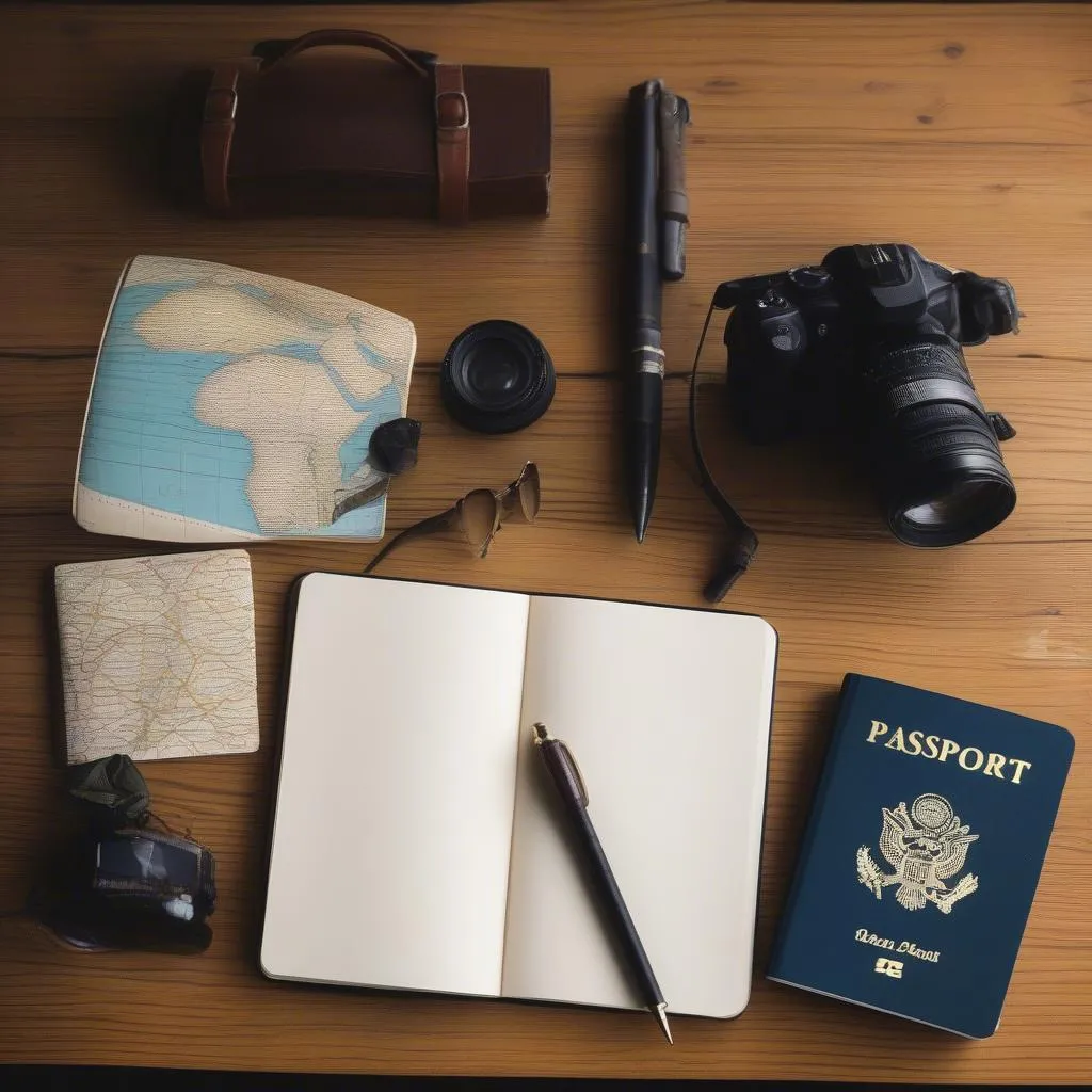 Open notebook with travel essentials for planning