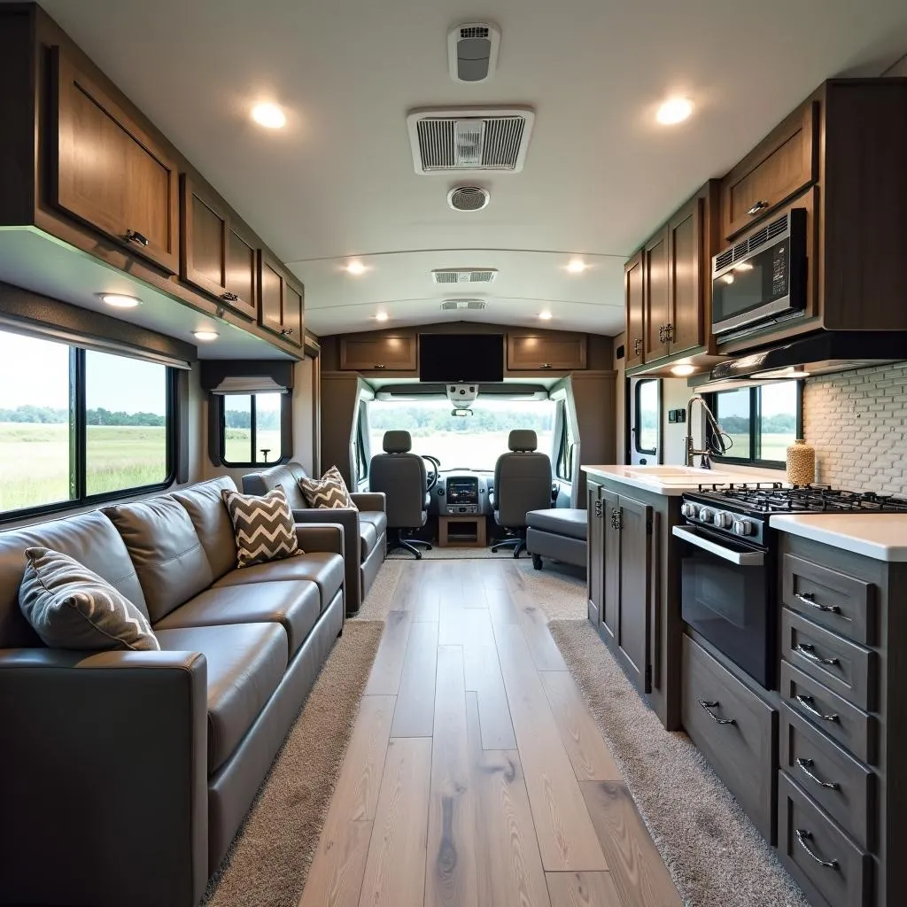 Spacious interior of an Open Range travel trailer