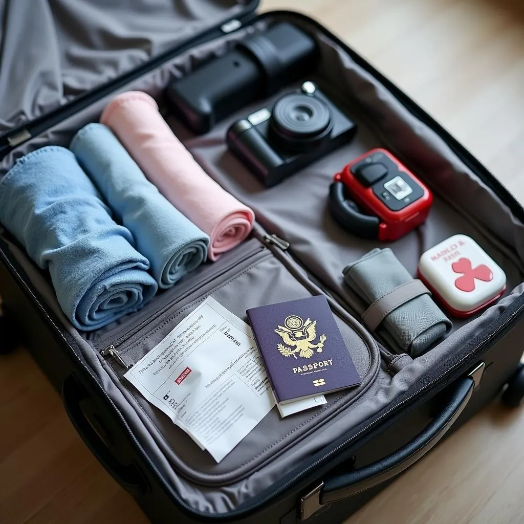 Open suitcase with travel essentials