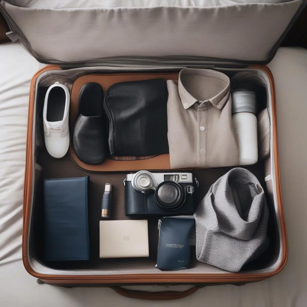 Open luggage with organized clothes and travel essentials