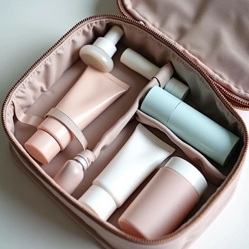 Open travel bag displaying well-organized toiletries.