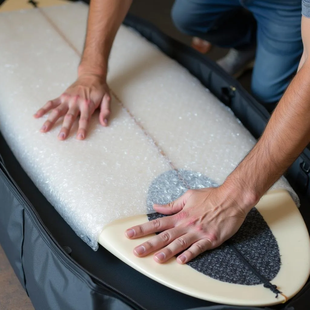 Packing a surfboard for travel, securing it with bubble wrap.