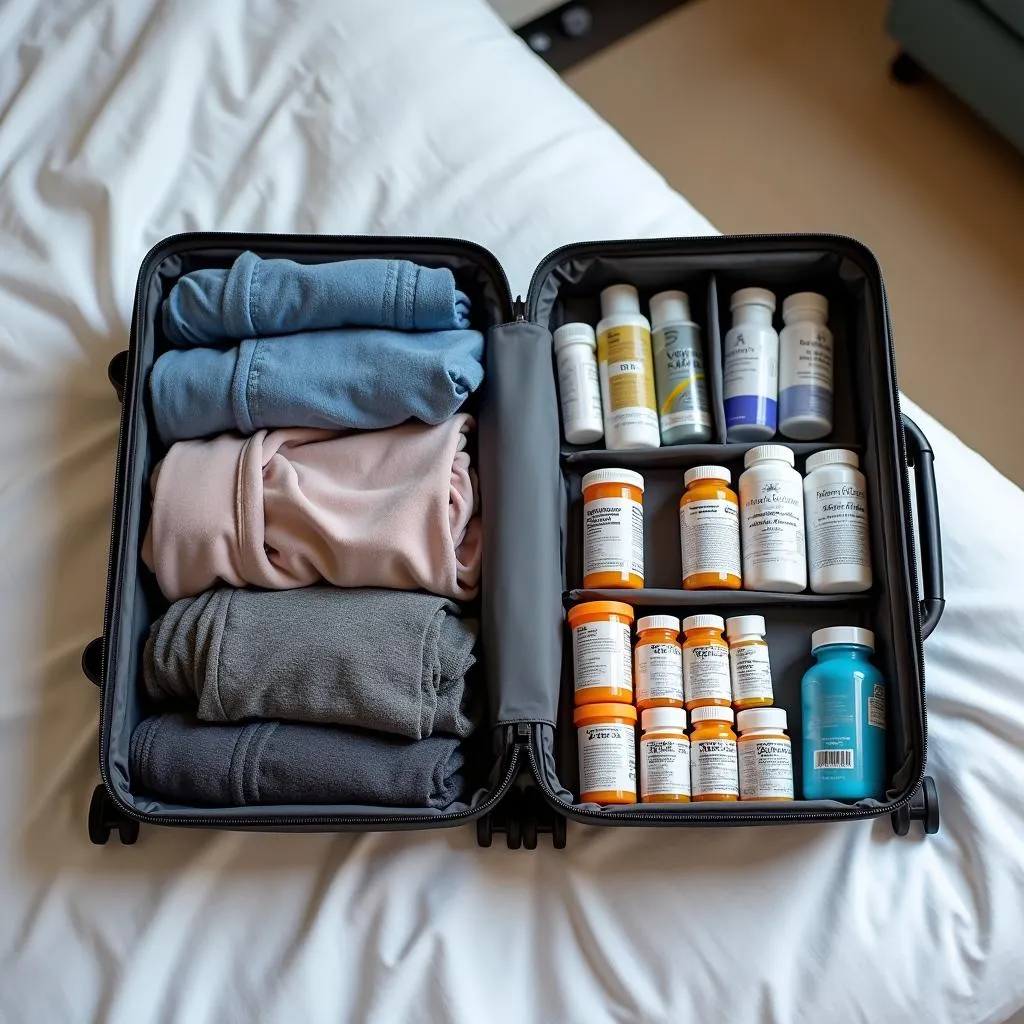 A suitcase with extra medication and travel essentials.