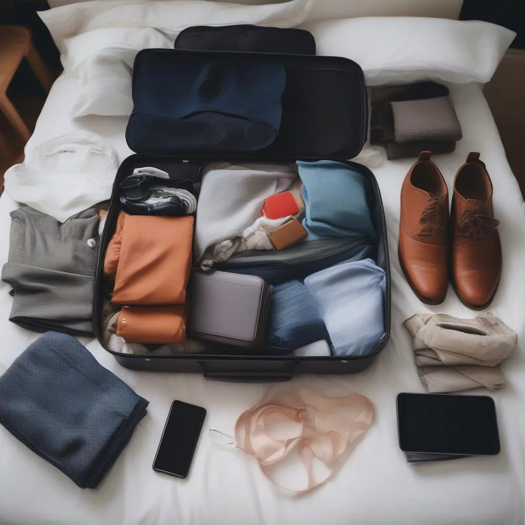 Suitcase open on bed with clothes and travel essentials