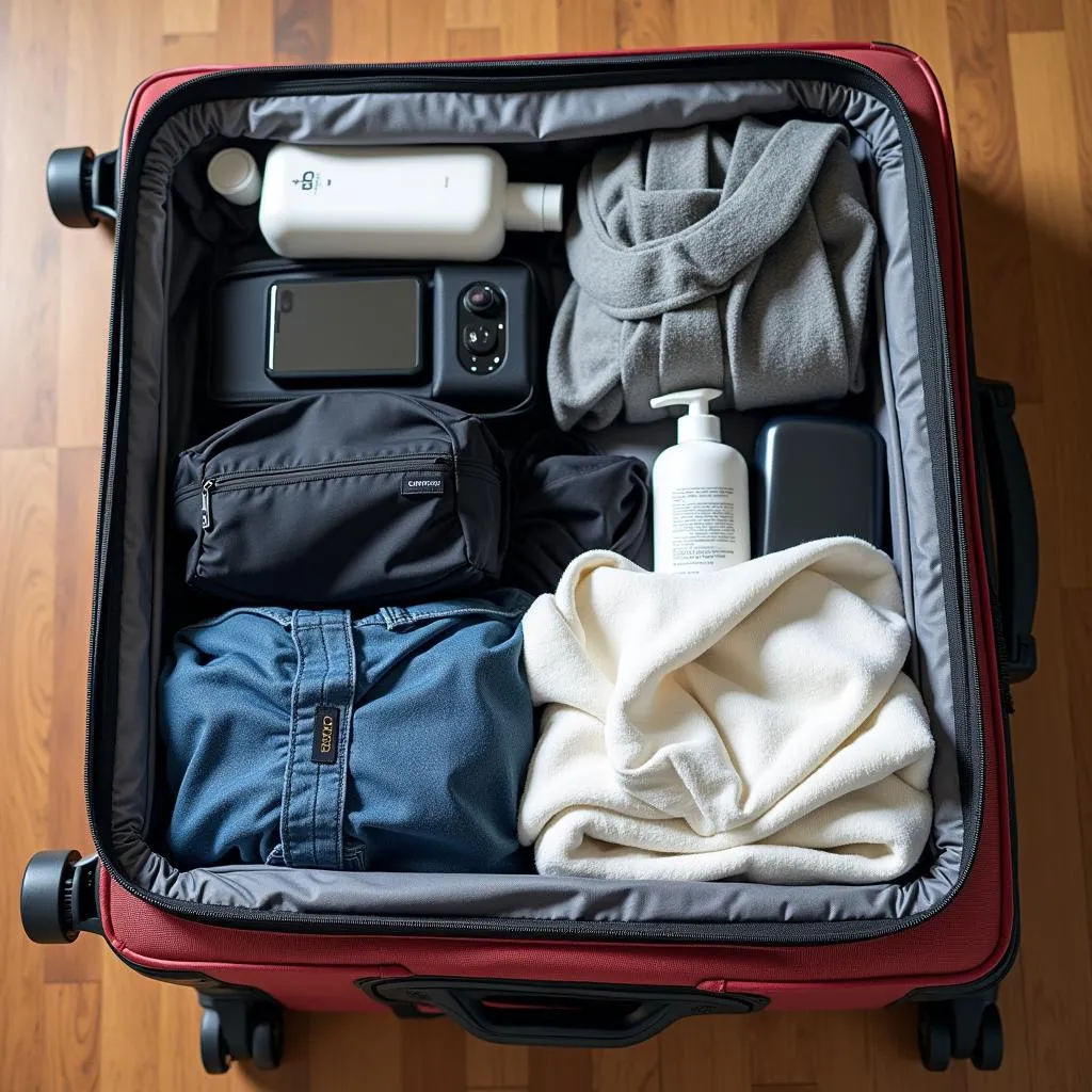 Suitcase open with clothes and travel essentials