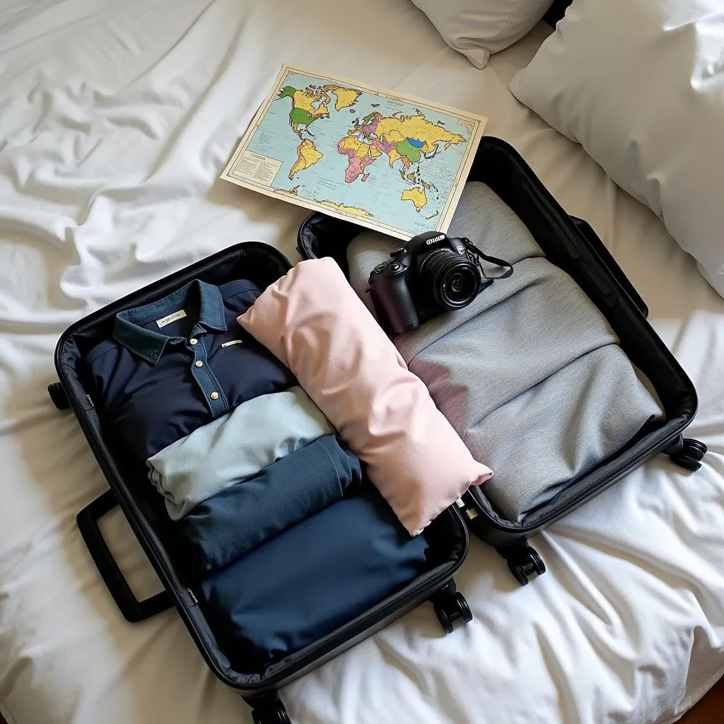 Suitcase open on bed with clothes and travel essentials