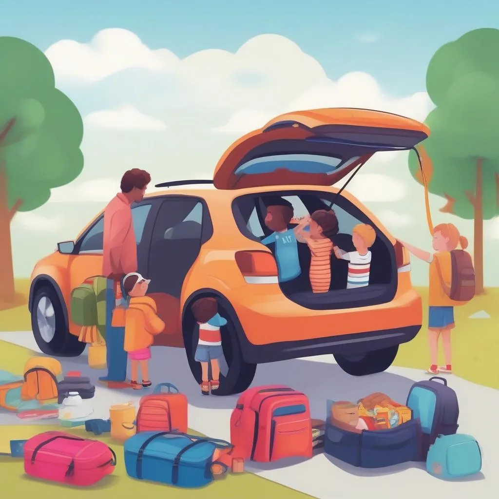 A family packing their car for a road trip, including a booster seat