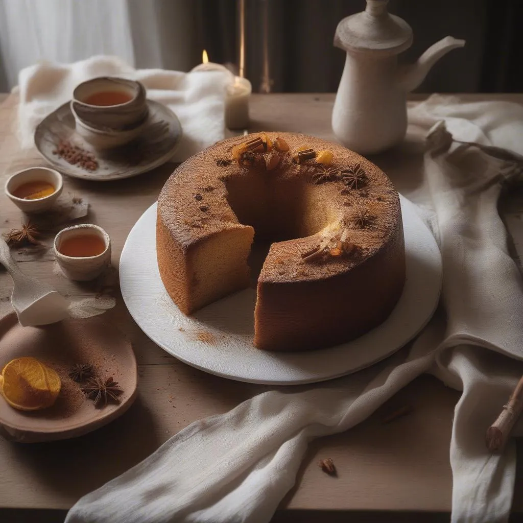 Pain d'épices: A slice of the French honey-spiced cake on a rustic wooden table.