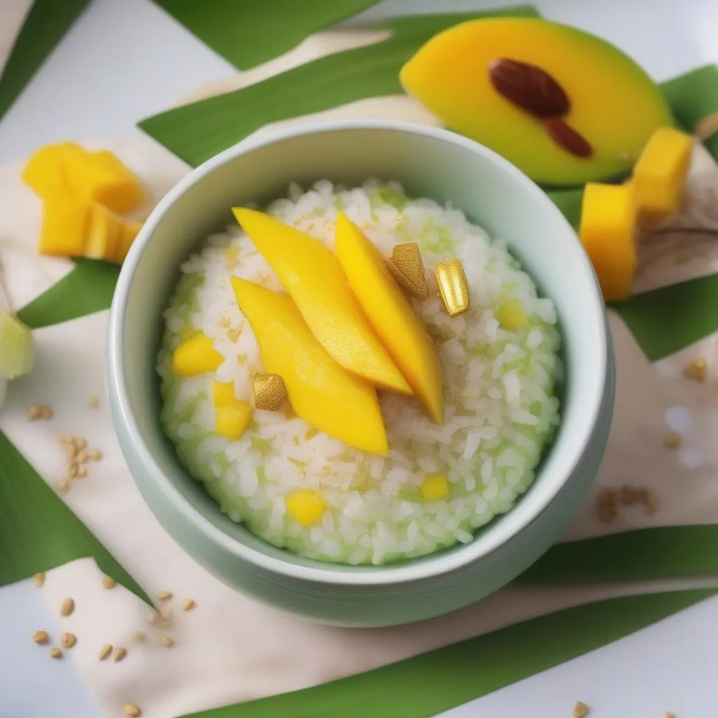 A beautifully plated serving of vibrant green pandan coconut rice, garnished with fresh mango slices and sprinkled with toasted sesame seeds.