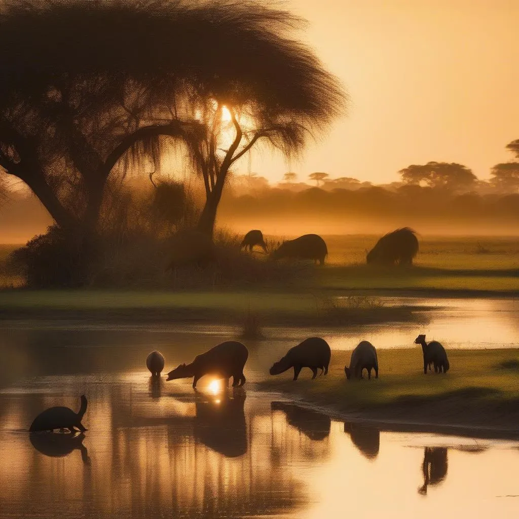 Wildlife Gathering at a Watering Hole in Pantanal