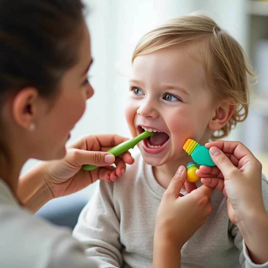 Parent Brushing Child's Teeth with Toy