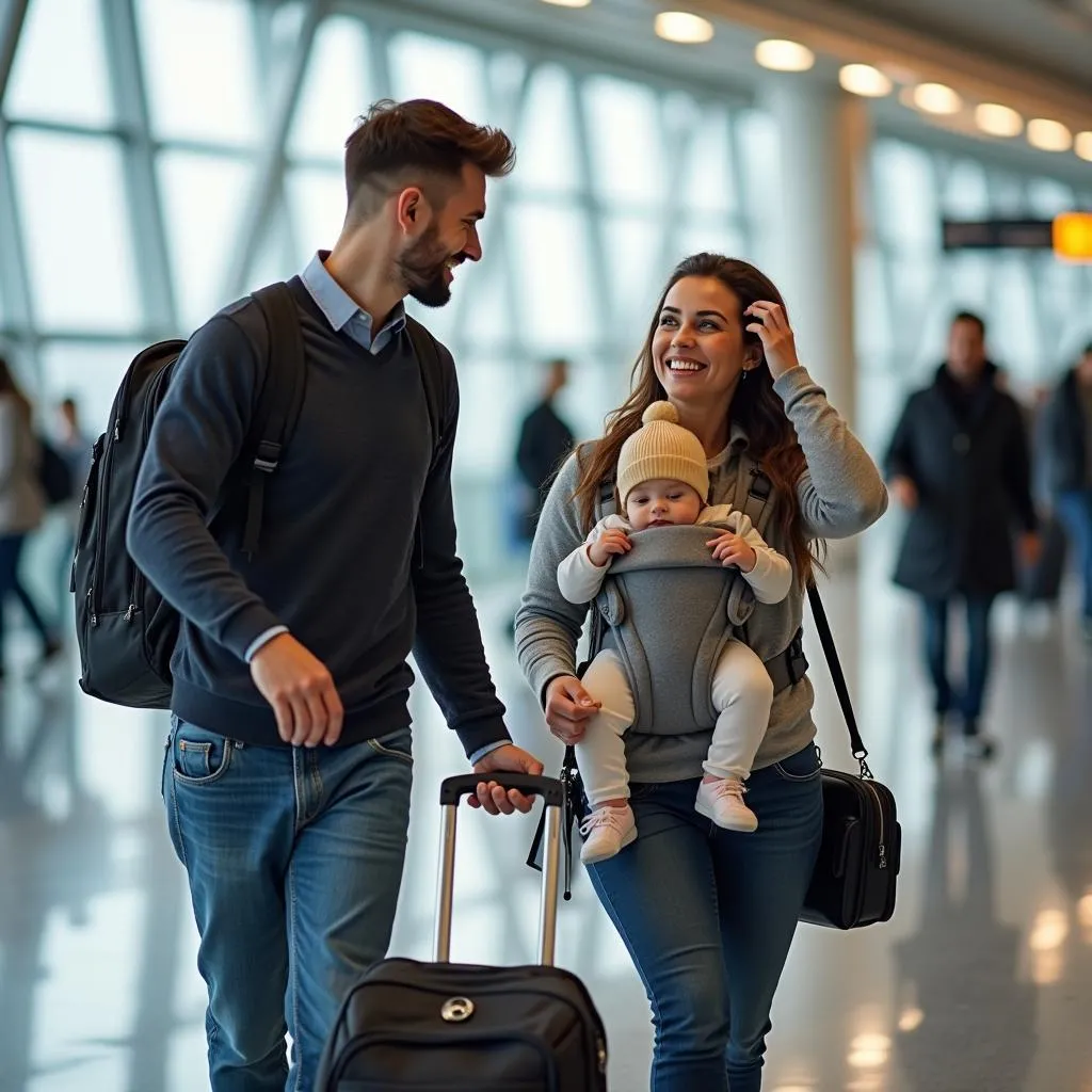 Parents navigating airport with baby in a carrier