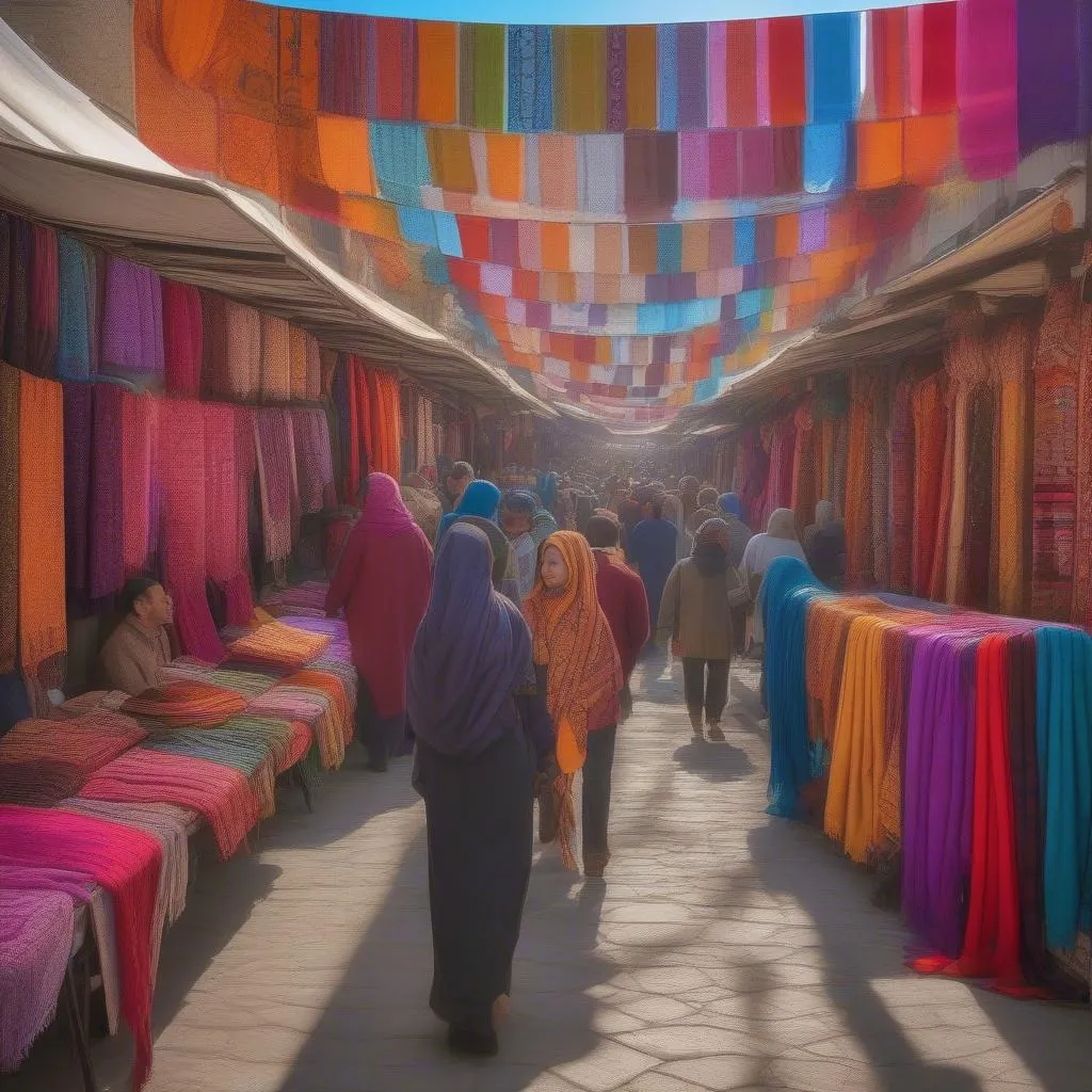 Colorful Pashmina scarves in a market