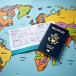 Passport and boarding pass on a map