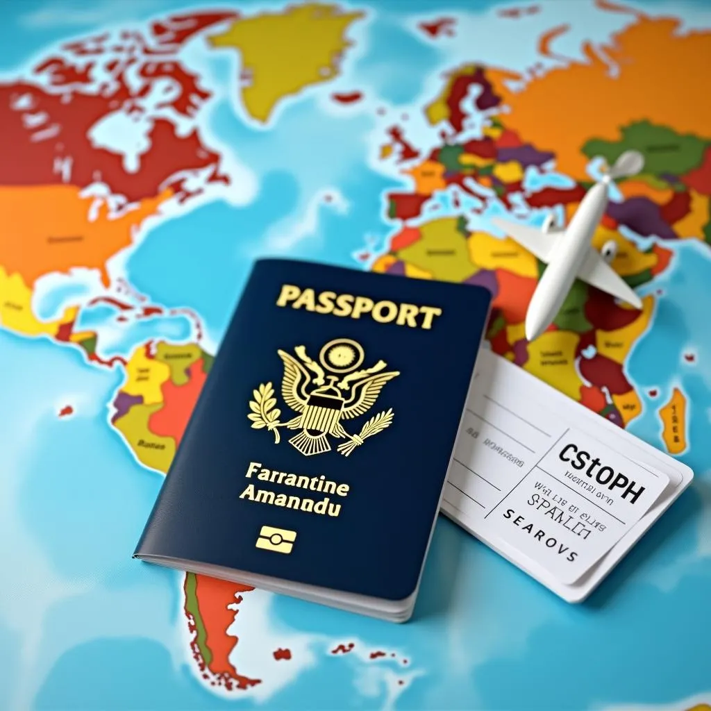 Passport and plane ticket on world map