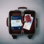 Open passport on top of a suitcase