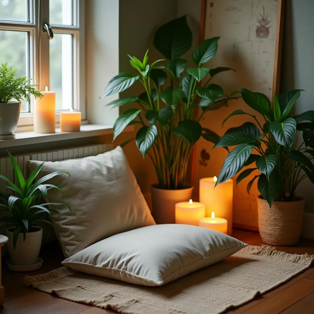 A serene meditation corner with candles and houseplants