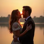 Couples sharing a tender kiss at sunset in Hanoi