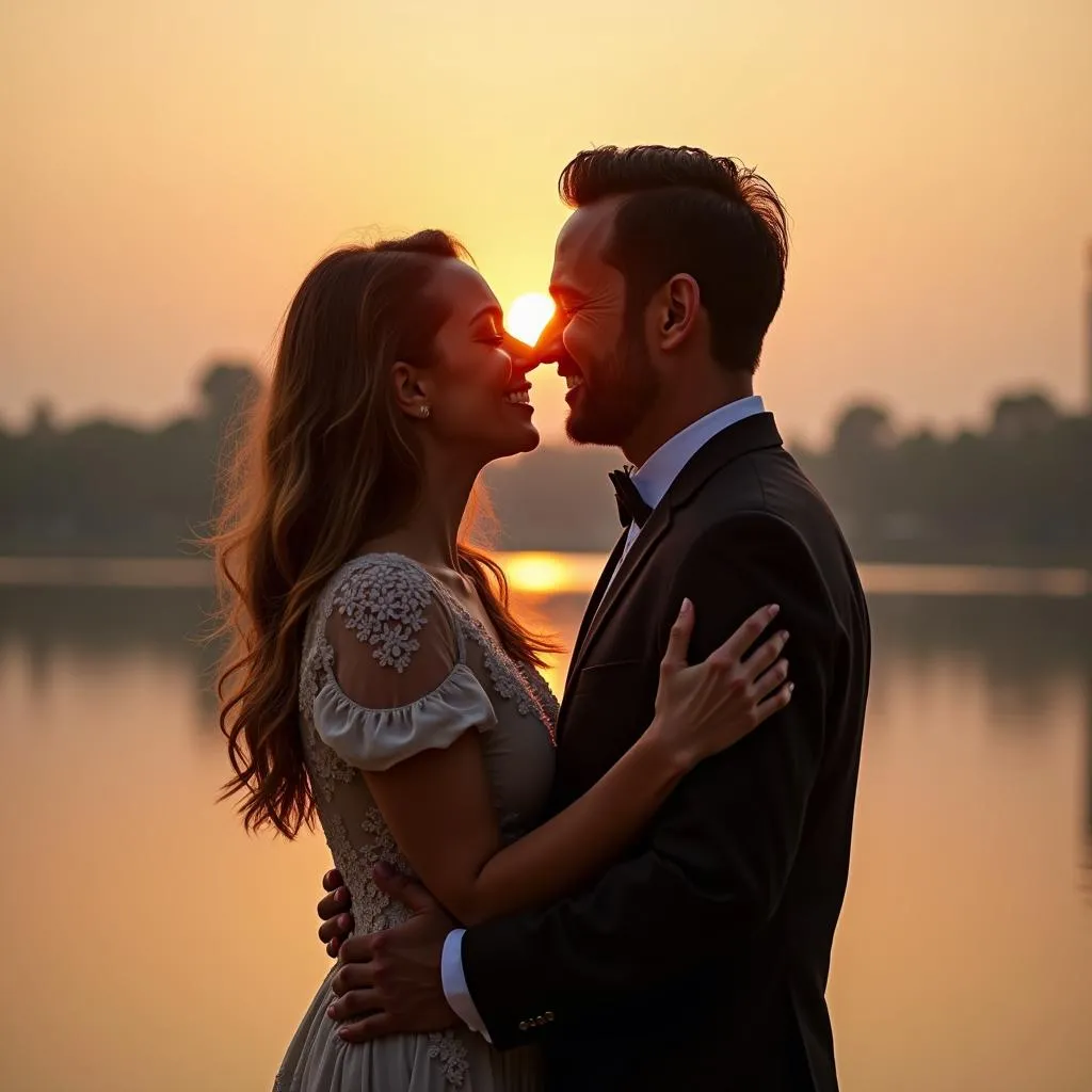 Couples sharing a tender kiss at sunset in Hanoi