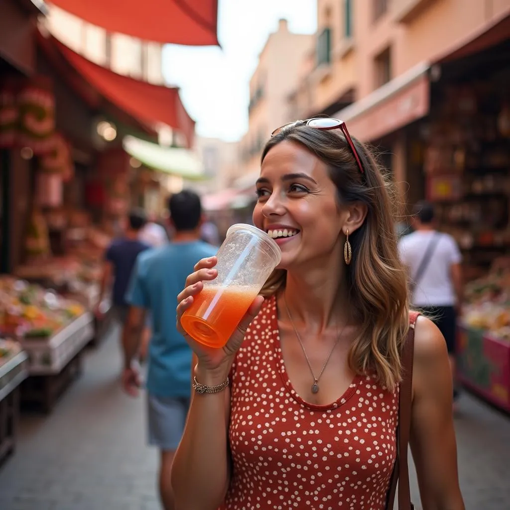 Traveler enjoying a sparkling drink from a travel cup in a bustling Marrakech market