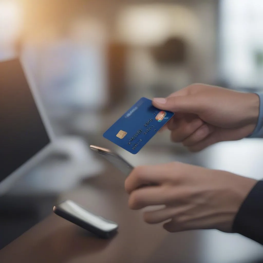 Person holding a credit card and using a phone