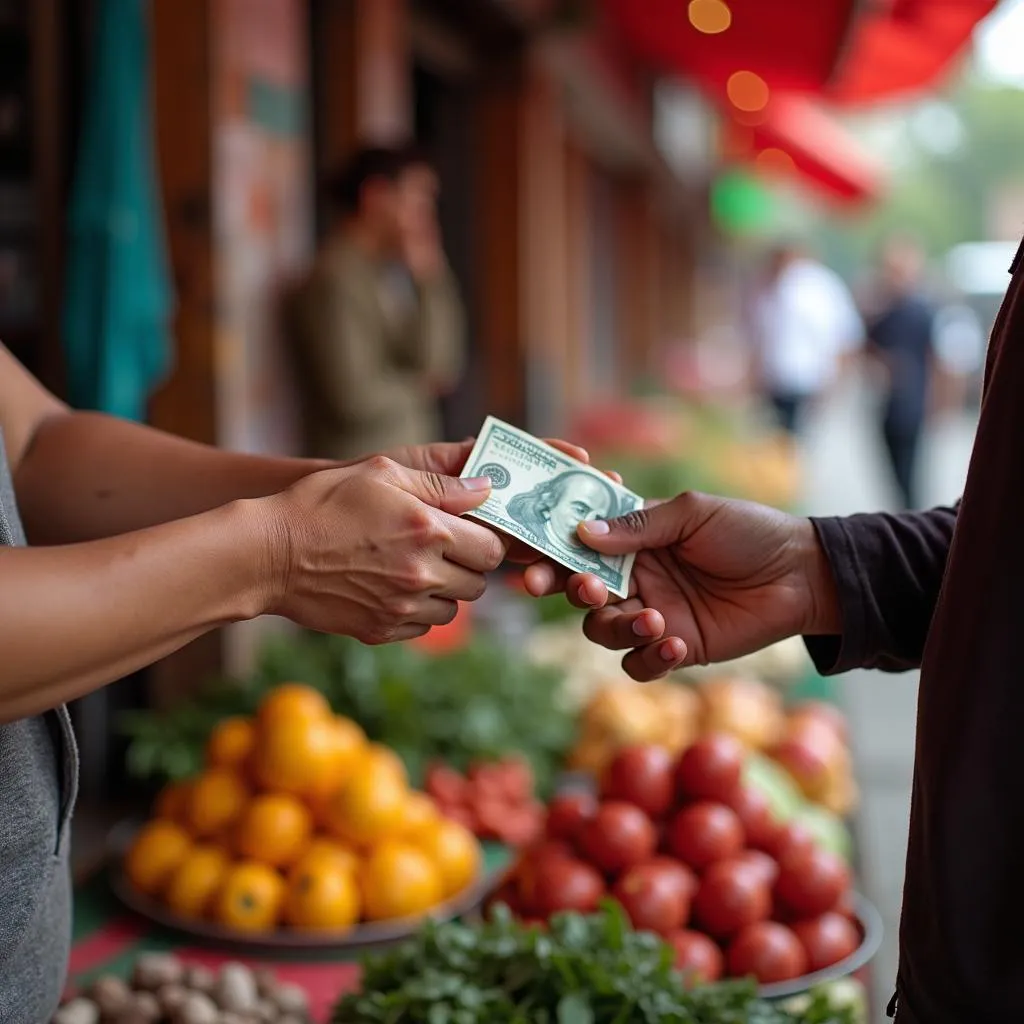 Tourist paying with cash at a local market