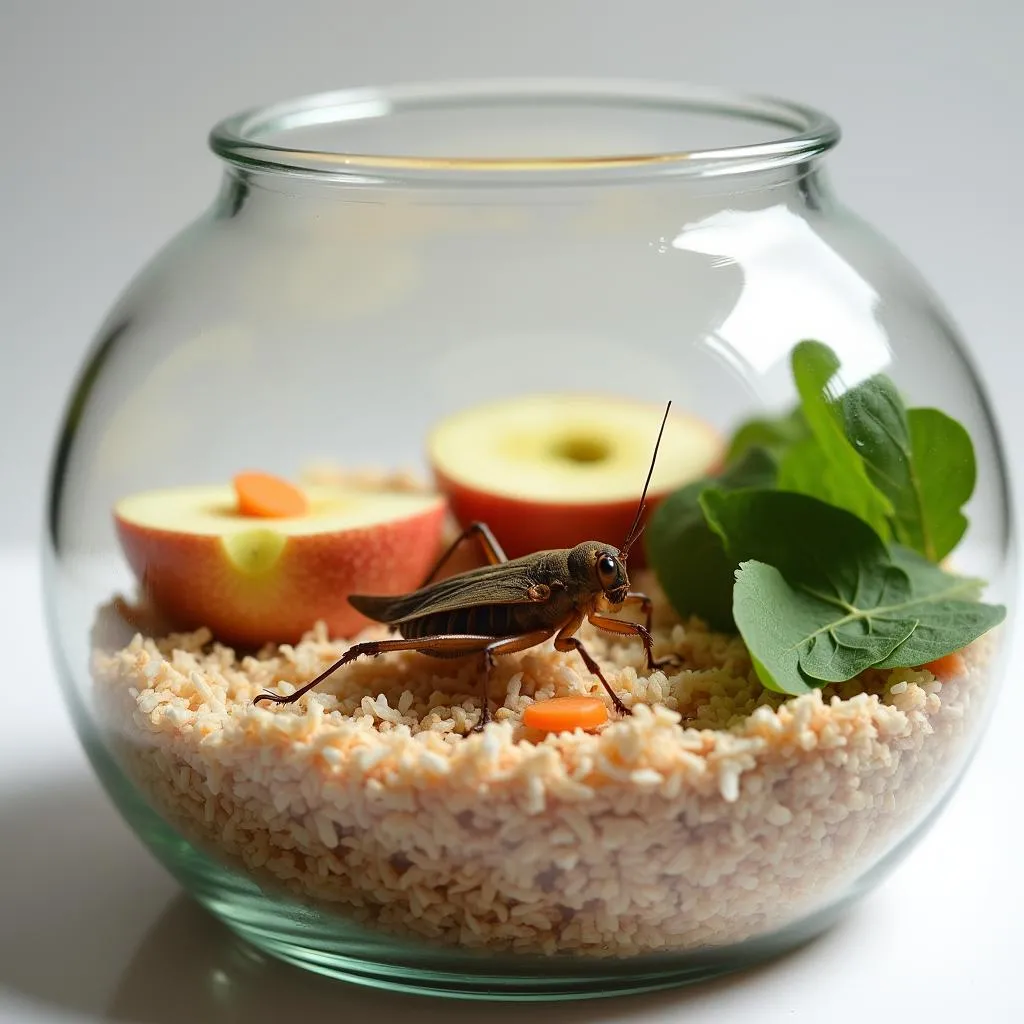 A pet cricket in a terrarium with fresh fruits and vegetables