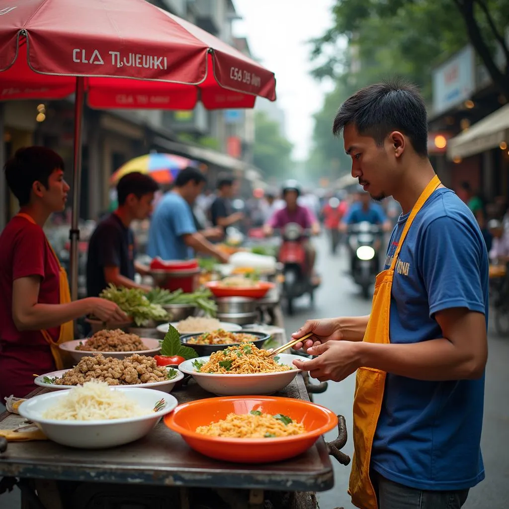 A street vendor preparing Pham Hong Thai in Hanoi