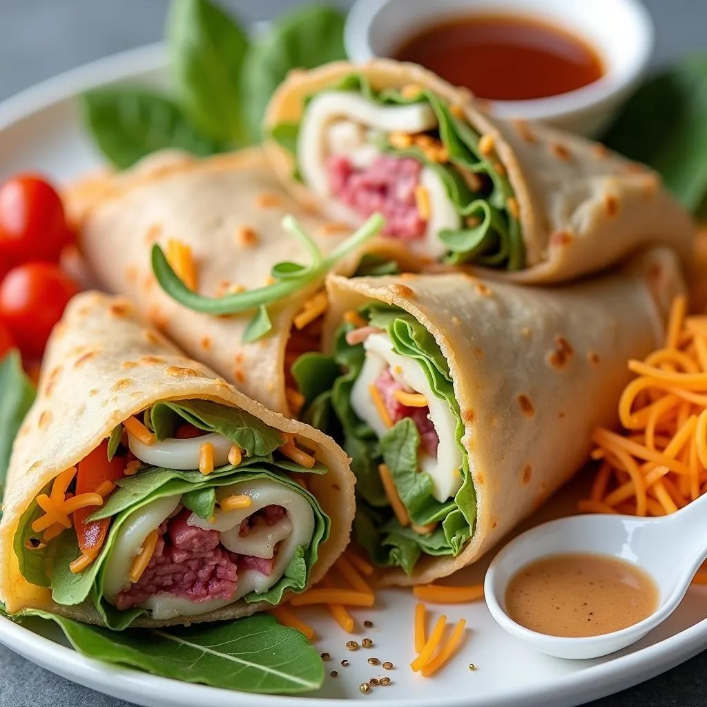 Close-up of a Pham Hong Thai dish with various dipping sauces