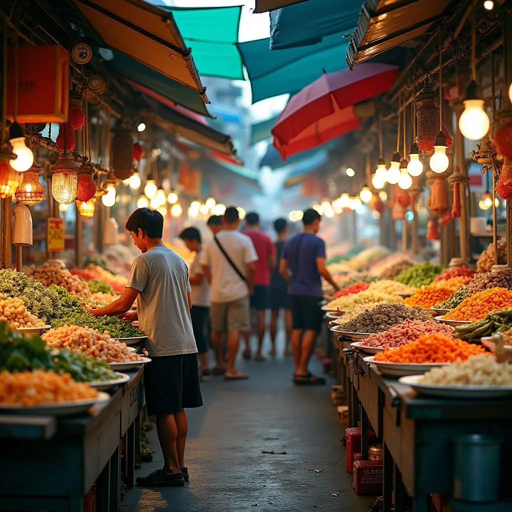 Street food stalls at Phan Thiet market