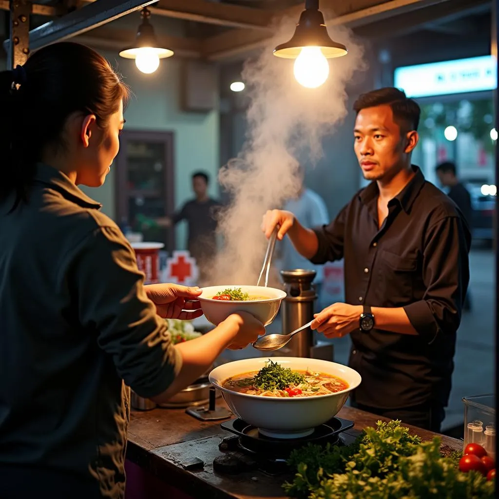 Pho street food vendor serving customer