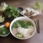 Vietnamese pho soup garnished with fresh ngo gai