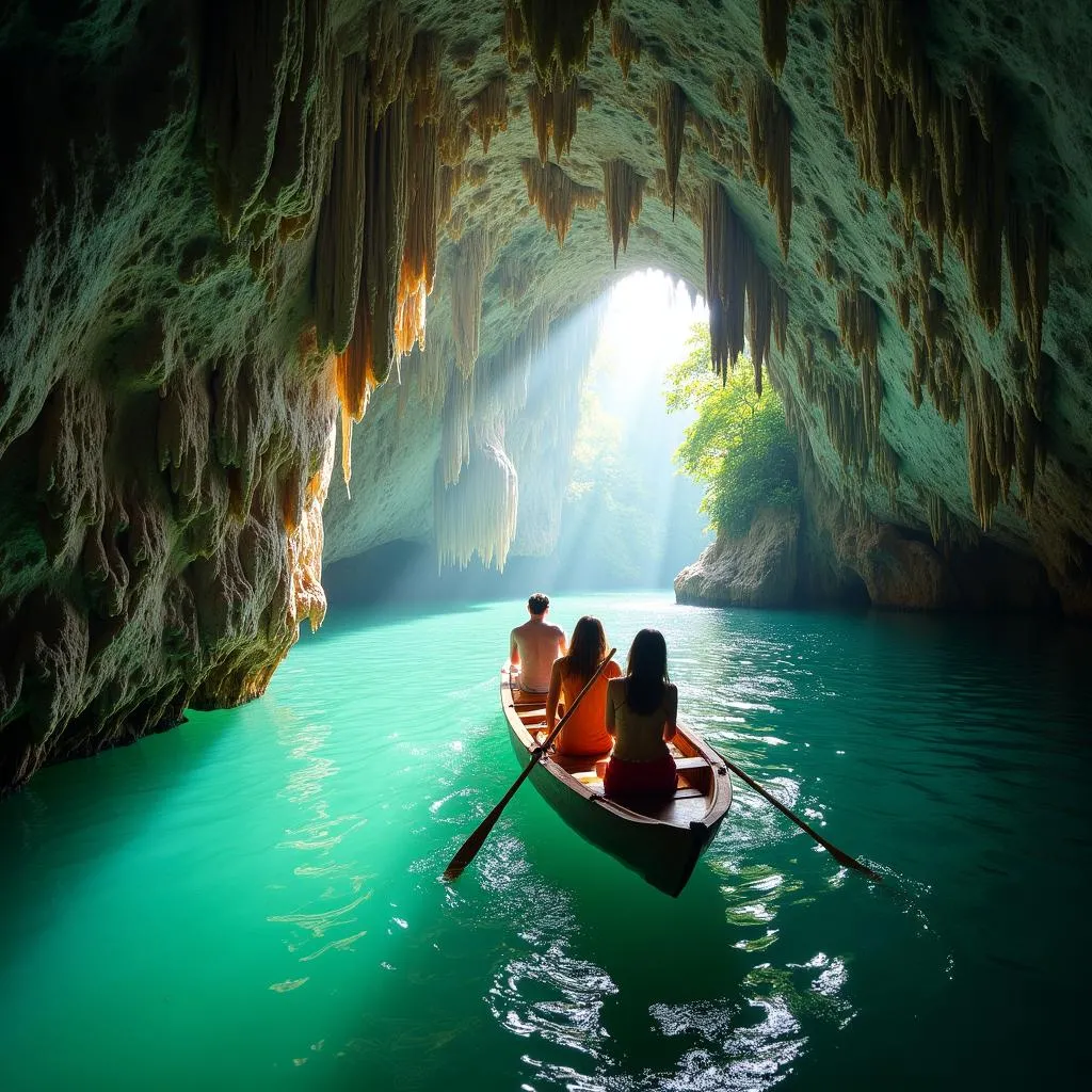 Tourists exploring Phong Nha Cave by boat