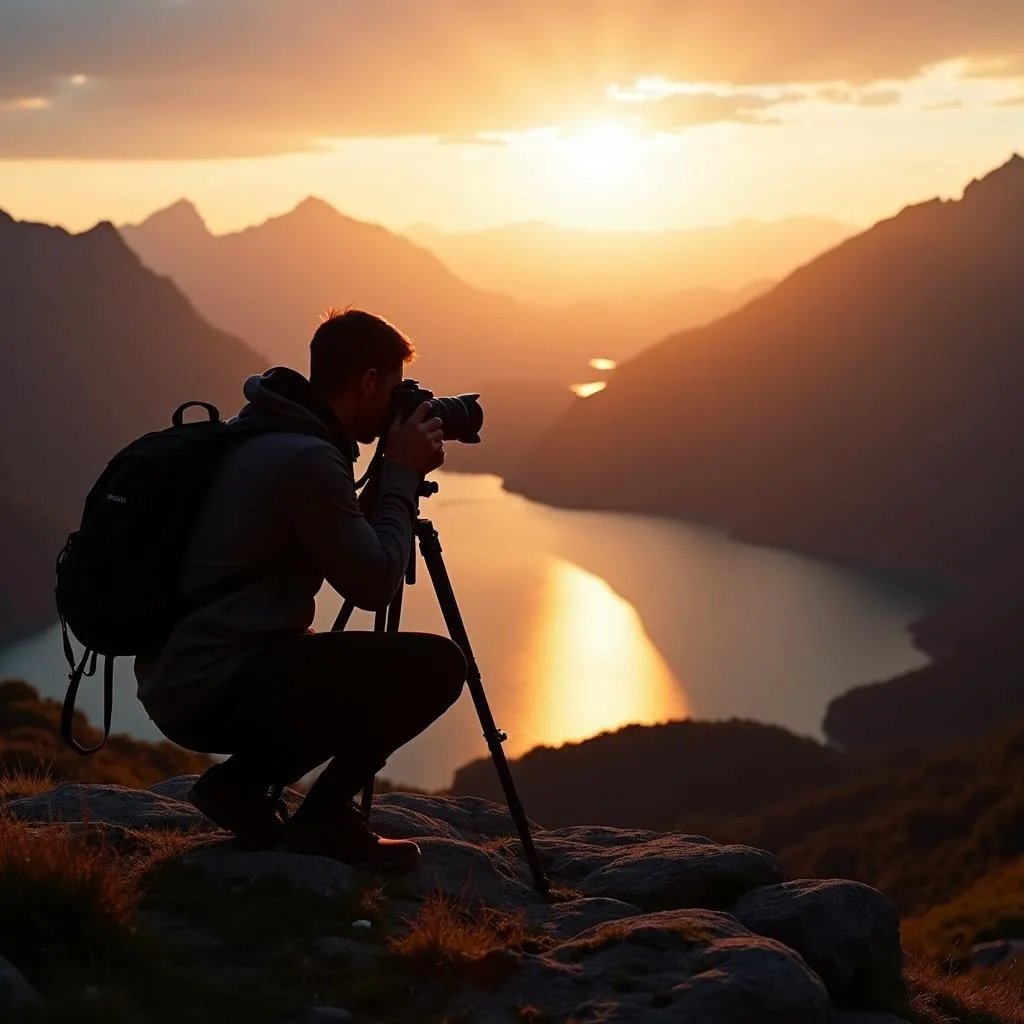 A photographer capturing the serene beauty of a mountain landscape during golden hour