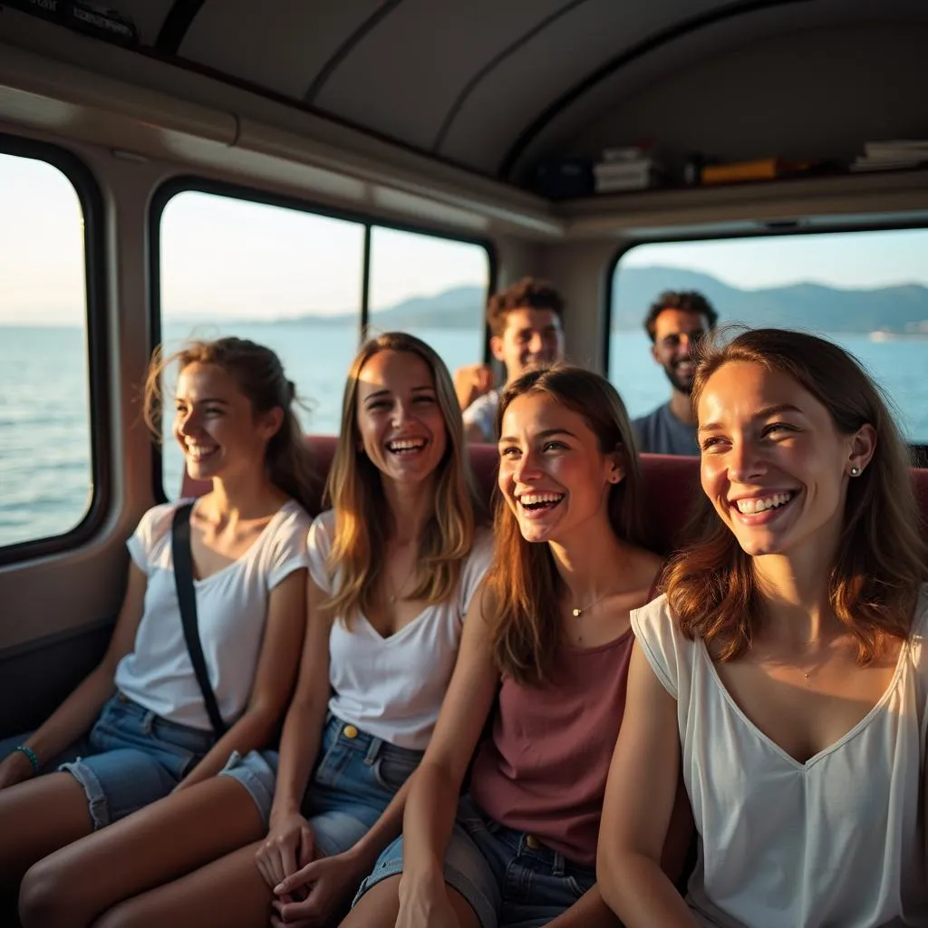 Group of friends enjoying a trip to Phu Quoc in a rented tourist van