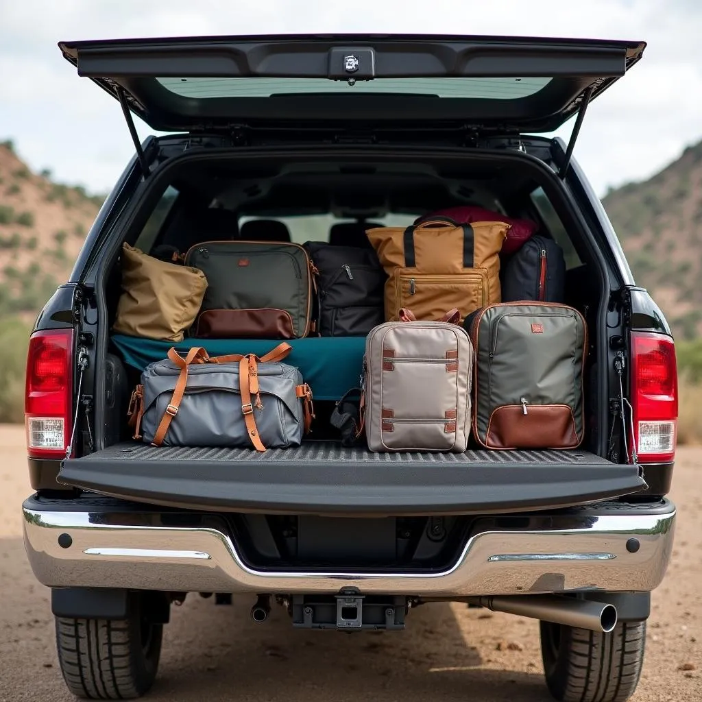 Pickup truck packed for a road trip