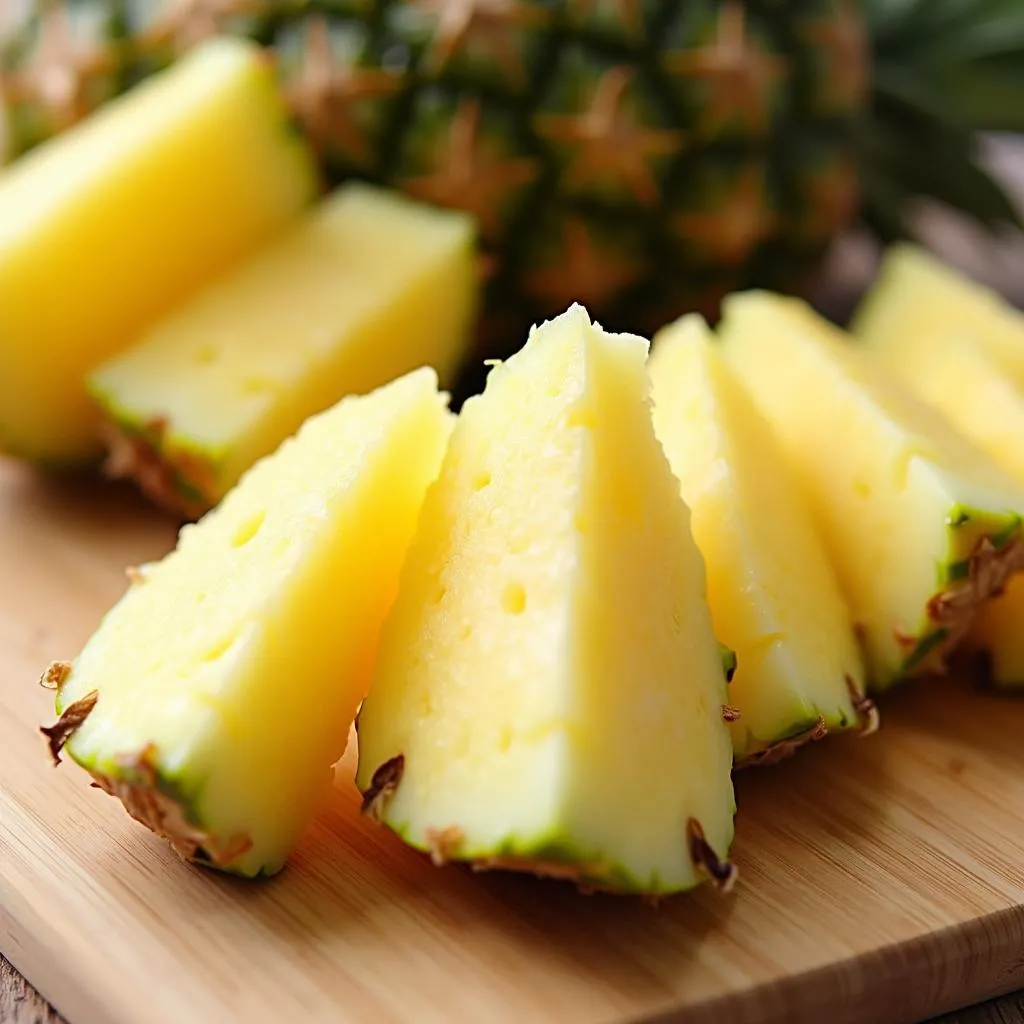 Sliced pineapple on a cutting board