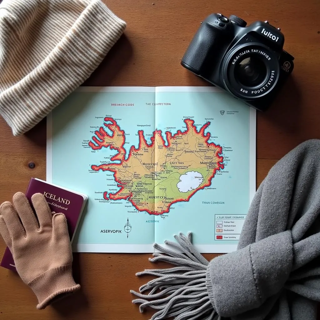 Planning a trip to Iceland: Map, passport, camera, and warm clothes laid out on a table